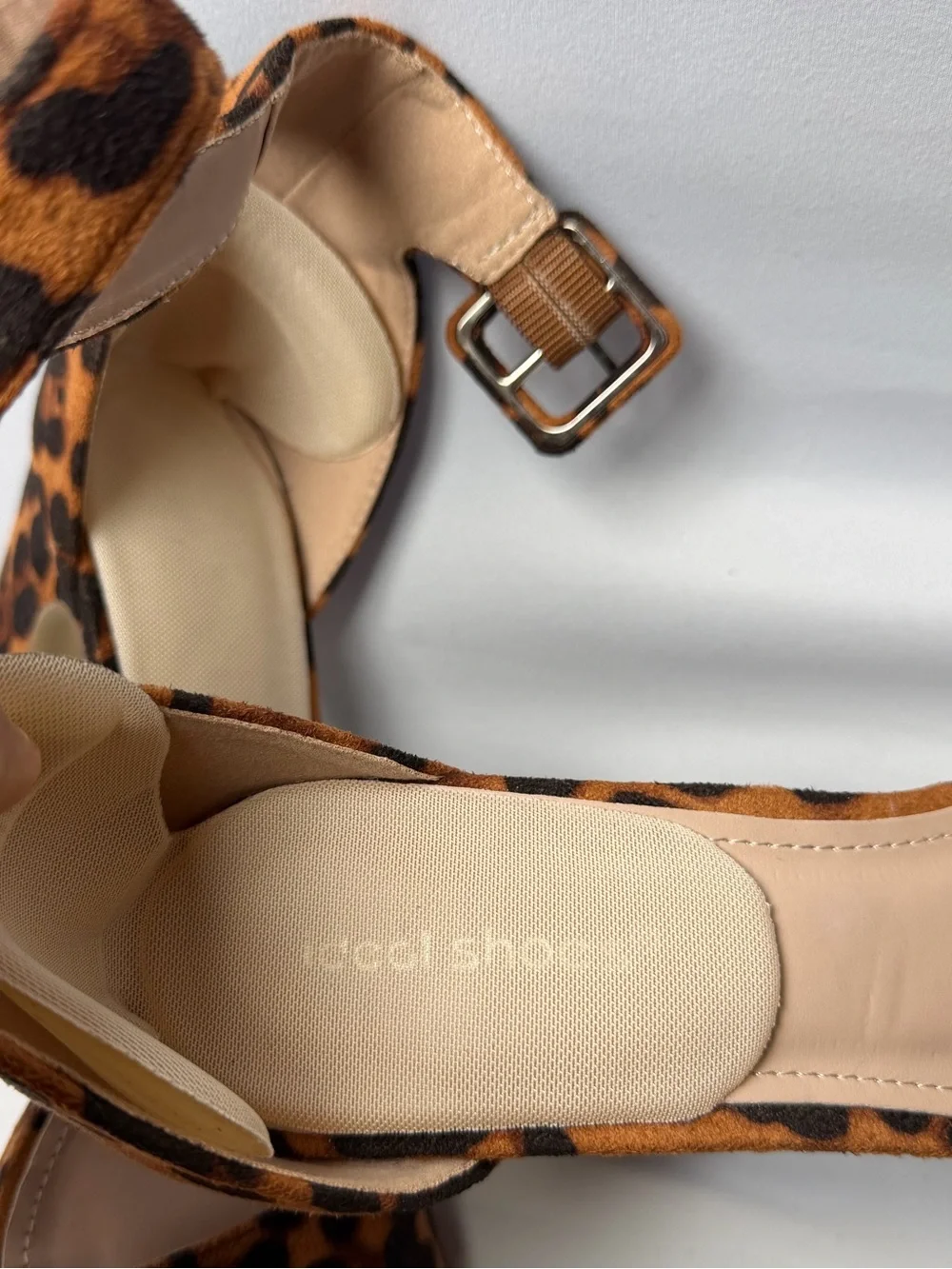 Leopard Print Ankle Strap Heels in Tan and Black